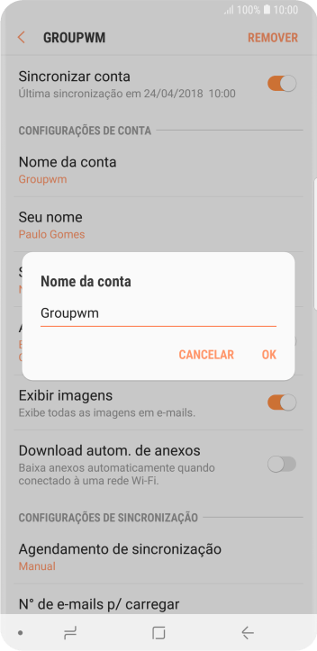 Digite o nome da conta de e-mail, e pressione OK. Digite o nome da conta de e-mail, e pressione OK.