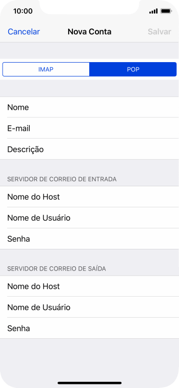 Pressione Nome do Host, e insira o nome do servidor de entrada do seu provedor de e-mails. Pressione Nome do Host, e insira o nome do servidor de entrada do seu provedor de e-mails.