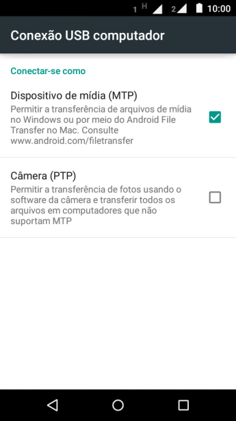 Pressione Dispositivo de mídia (MTP) para ativar a função. Pressione Dispositivo de mídia (MTP) para ativar a função.