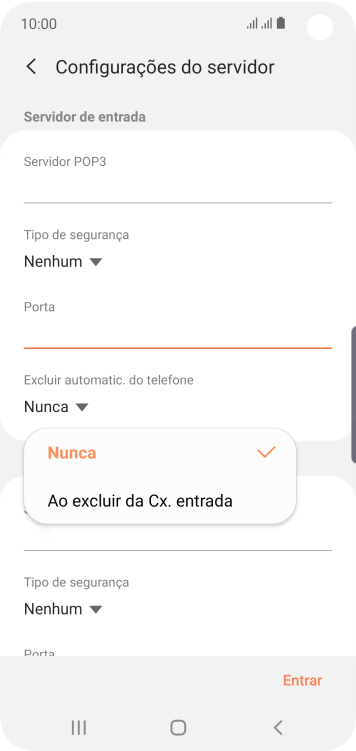 Pressione Nunca para manter os e-mails no servidor, quando você apagá-los do celular. Pressione Nunca para manter os e-mails no servidor, quando você apagá-los do celular.
