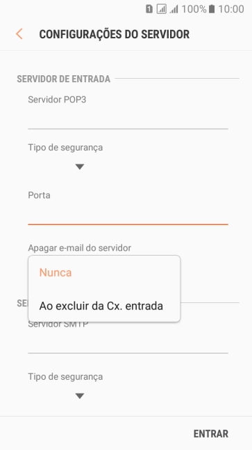 Pressione Nunca para manter os e-mails no servidor, quando você apagá-los do celular. Pressione Nunca para manter os e-mails no servidor, quando você apagá-los do celular.