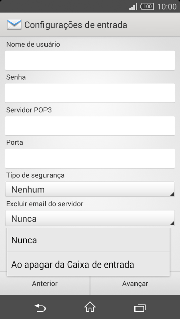 Pressione Nunca para manter os e-mails no servidor, quando você apagá-los do celular. Pressione Nunca para manter os e-mails no servidor, quando você apagá-los do celular.