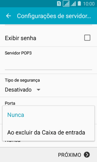 Pressione Nunca para manter os e-mails no servidor, quando você apagá-los do celular. Pressione Nunca para manter os e-mails no servidor, quando você apagá-los do celular.