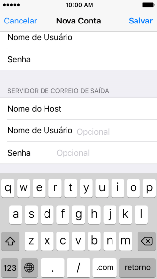 Pressione Nome do Host, e insira o nome do servidor de saída do seu provedor de e-mails. Pressione Nome do Host, e insira o nome do servidor de saída do seu provedor de e-mails.