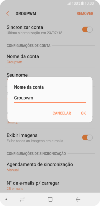 Digite o nome da conta de e-mail, e pressione OK. Digite o nome da conta de e-mail, e pressione OK.