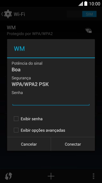 Digite a senha da sua conta da rede Wi-Fi, e pressione Conectar. Digite a senha da sua conta da rede Wi-Fi, e pressione Conectar.
