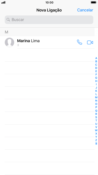 Pressione o campo de busca, e digite as primeiras letras do nome do contato. Pressione o campo de busca, e digite as primeiras letras do nome do contato.