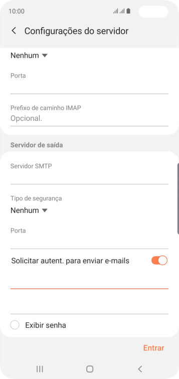 Pressione o campo da senha, e insira a senha do servidor de saída do seu provedor de e-mails. Pressione o campo da senha, e insira a senha do servidor de saída do seu provedor de e-mails.
