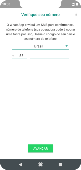 Pressione AVANÇAR. Aguarde até que o celular receba uma SMS para confirmar seu número de telefone. Pressione AVANÇAR. Aguarde até que o celular receba uma SMS para confirmar seu número de telefone.
