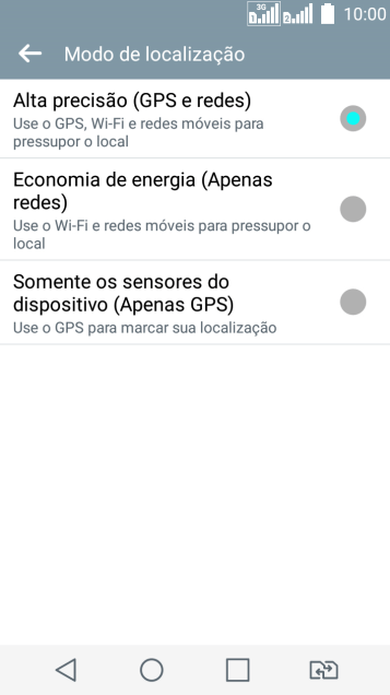 Se você selecionar Alta precisão (GPS e redes), o seu celular poderá encontrar sua posição precisa com ajuda dos satélites GPS, rede celular e e da rede Wi-Fi próximos à você. O GPS via satélite requer uma visão livre para o céu. Se você selecionar Alta precisão (GPS e redes), o seu celular poderá encontrar sua posição precisa com ajuda dos satélites GPS, rede celular e e da rede Wi-Fi próximos à você. O GPS via satélite requer uma visão livre para o céu.