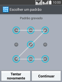 Mova os dedos na tela para conectar pelo menos quatro pontos, e pressione Continuar. Mova os dedos na tela para conectar pelo menos quatro pontos, e pressione Continuar.
