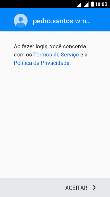 Pressione ACEITAR, e siga as indicações da tela para selecionar as configurações da sua conta Google. Pressione ACEITAR, e siga as indicações da tela para selecionar as configurações da sua conta Google.