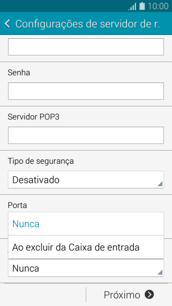 Pressione Nunca para manter os e-mails no servidor, quando você apagá-los do celular. Pressione Nunca para manter os e-mails no servidor, quando você apagá-los do celular.