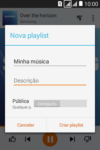 Digite o nome da lista de reprodução, e pressione Criar playlist. Digite o nome da lista de reprodução, e pressione Criar playlist.