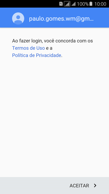 Pressione ACEITAR, e siga as indicações da tela para selecionar as configurações da sua conta Google. Pressione ACEITAR, e siga as indicações da tela para selecionar as configurações da sua conta Google.