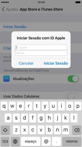Pressione ID Apple, e digite o nome de usuário do seu ID Apple. Pressione ID Apple, e digite o nome de usuário do seu ID Apple.
