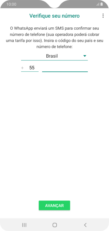 Pressione AVANÇAR. Aguarde até que o celular receba uma SMS para confirmar seu número de telefone. Pressione AVANÇAR. Aguarde até que o celular receba uma SMS para confirmar seu número de telefone.