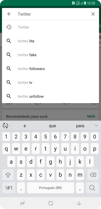 Digite Twitter e pressione o ícone de busca. Digite Twitter e pressione o ícone de busca.