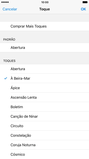 Quando você encontrar um toque que goste, deve pressionar OK. Quando você encontrar um toque que goste, deve pressionar OK.