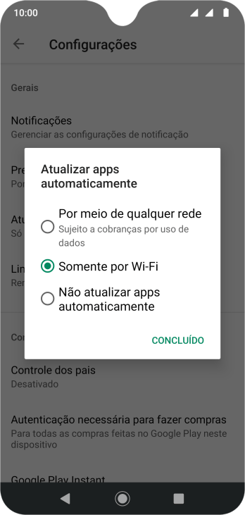 Para ativar a atualização automática de apps via rede celular, você deve pressionar Por meio de qualquer rede Sujeito a cobranças por uso de dados. Para ativar a atualização automática de apps via rede celular, você deve pressionar Por meio de qualquer rede Sujeito a cobranças por uso de dados.