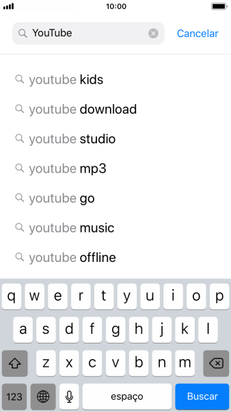 Digite YouTube, e pressione Buscar. Digite YouTube, e pressione Buscar.