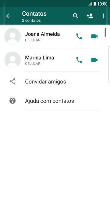 Pressione o ícone de busca, e digite as primeiras letras do nome do contato. Pressione o ícone de busca, e digite as primeiras letras do nome do contato.