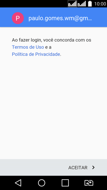 Pressione ACEITAR, e siga as indicações da tela para selecionar as configurações da sua conta Google. Pressione ACEITAR, e siga as indicações da tela para selecionar as configurações da sua conta Google.