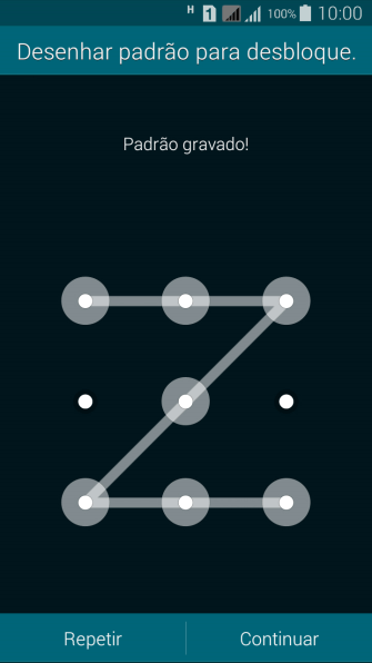 Mova os dedos na tela para conectar pelo menos quatro pontos, e pressione Continuar. Mova os dedos na tela para conectar pelo menos quatro pontos, e pressione Continuar.