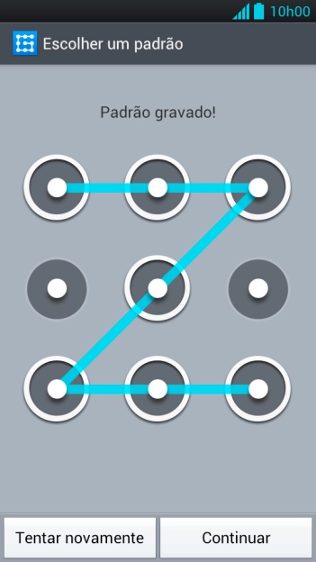 Mova os dedos na tela para conectar pelo menos quatro pontos, e pressione Continuar. Mova os dedos na tela para conectar pelo menos quatro pontos, e pressione Continuar.