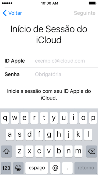 Pressione exemplo@icloud.com, e digite a senha do seu ID Apple. Pressione exemplo@icloud.com, e digite a senha do seu ID Apple.