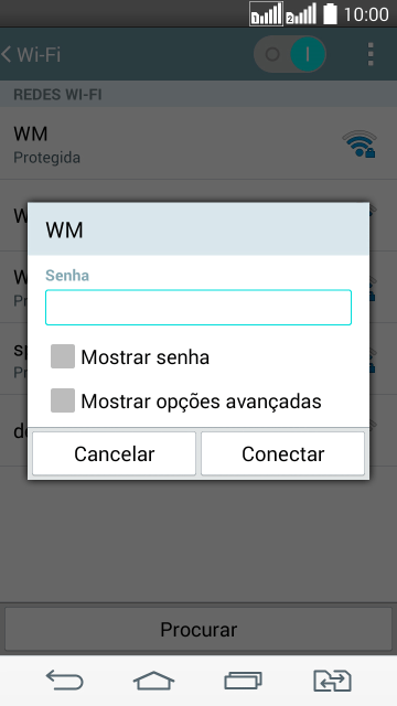 Digite a senha da sua conta da rede Wi-Fi, e pressione Conectar. Digite a senha da sua conta da rede Wi-Fi, e pressione Conectar.