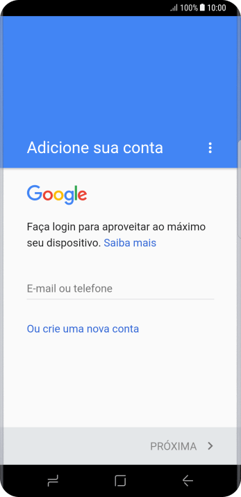 Se você não tiver uma conta Google, deve pressionar Ou crie uma nova conta, e seguir as instruções da tela para instalar uma conta. Se você não tiver uma conta Google, deve pressionar Ou crie uma nova conta, e seguir as instruções da tela para instalar uma conta.