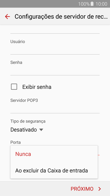 Pressione Nunca para manter os e-mails no servidor, quando você apagá-los do celular. Pressione Nunca para manter os e-mails no servidor, quando você apagá-los do celular.