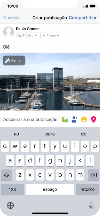 Digite o texto, e pressione Compartilhar. Digite o texto, e pressione Compartilhar.
