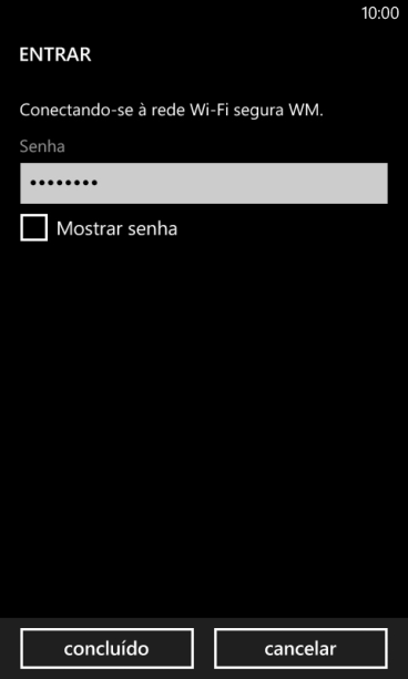 Digite a senha da sua conta da rede Wi-Fi, e pressione concluído. Digite a senha da sua conta da rede Wi-Fi, e pressione concluído.