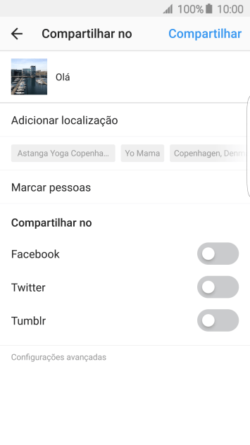 Digite o texto desejado, e pressione Compartilhar. Digite o texto desejado, e pressione Compartilhar.