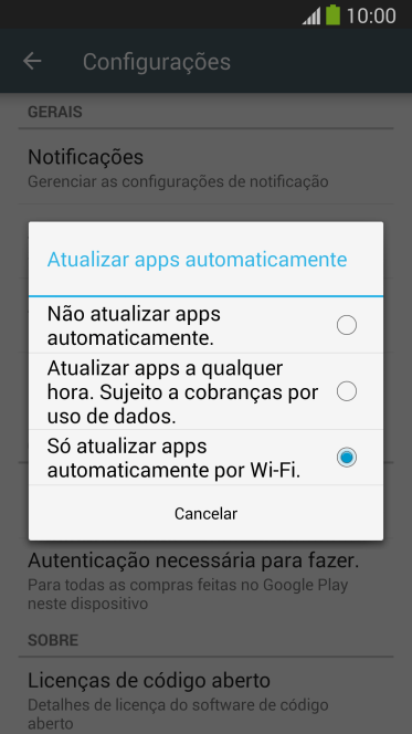 Para desativar a atualização automática de apps, você deve pressionar Não atualizar apps automaticamente.. Para desativar a atualização automática de apps, você deve pressionar Não atualizar apps automaticamente..