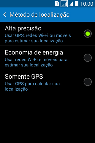 Se você selecionar Alta precisão, o seu celular poderá encontrar sua posição exata com ajuda dos satélites GPS, rede celular e e da rede Wi-Fi próximos à você. Se você selecionar Alta precisão, o seu celular poderá encontrar sua posição exata com ajuda dos satélites GPS, rede celular e e da rede Wi-Fi próximos à você.
