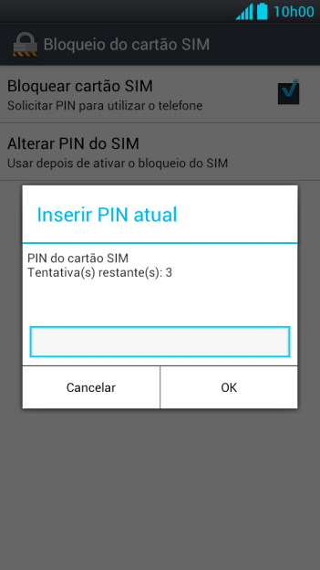 Digite um código PIN de quatro cifras e pressione OK. O código PIN padrão é 1010. Digite um código PIN de quatro cifras e pressione OK. O código PIN padrão é 1010.
