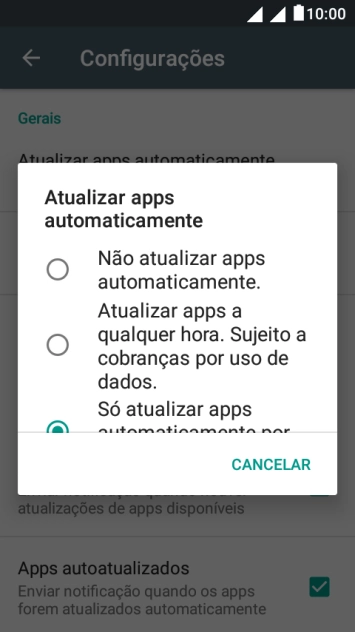 Para desativar a atualização automática de apps, você deve pressionar Não atualizar apps automaticamente.. Para desativar a atualização automática de apps, você deve pressionar Não atualizar apps automaticamente..