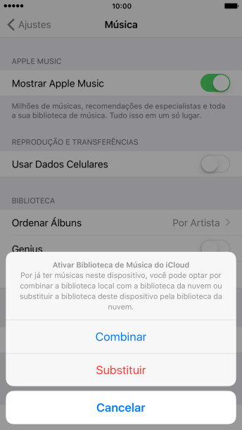 Pressione Combinar para unir a biblioteca de música do celular com a biblioteca de música do iCloud. Pressione Combinar para unir a biblioteca de música do celular com a biblioteca de música do iCloud.
