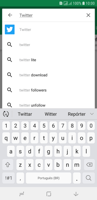 Digite Twitter e pressione o ícone de busca. Digite Twitter e pressione o ícone de busca.