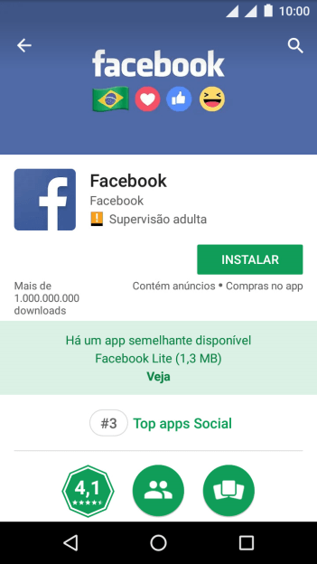 Pressione INSTALAR, e siga as indicações da tela para instalar o Facebook. Pressione INSTALAR, e siga as indicações da tela para instalar o Facebook.