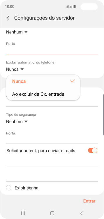 Pressione Nunca para manter os e-mails no servidor, quando você apagá-los do celular. Pressione Nunca para manter os e-mails no servidor, quando você apagá-los do celular.