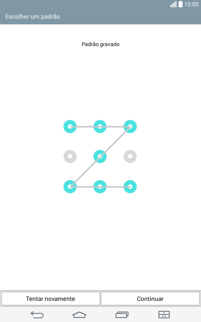 Deslize o dedo na tela para ligar ao menos quatro pontos, e pressione Continuar. Deslize o dedo na tela para ligar ao menos quatro pontos, e pressione Continuar.