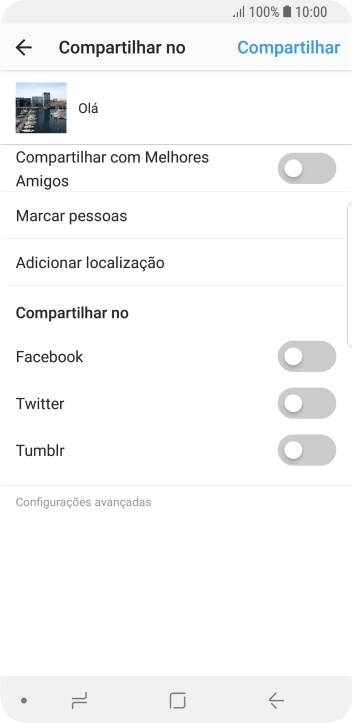 Digite o texto desejado, e pressione Compartilhar. Digite o texto desejado, e pressione Compartilhar.