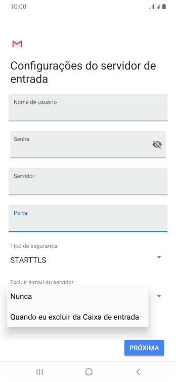 Pressione Nunca para manter os e-mails no servidor, quando você apagá-los do celular. Pressione Nunca para manter os e-mails no servidor, quando você apagá-los do celular.