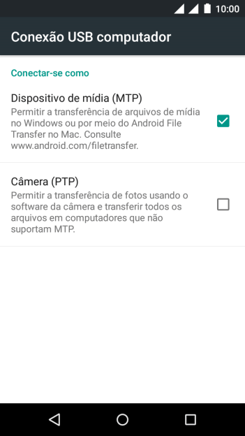 Pressione Dispositivo de mídia (MTP) para ativar a função. Pressione Dispositivo de mídia (MTP) para ativar a função.