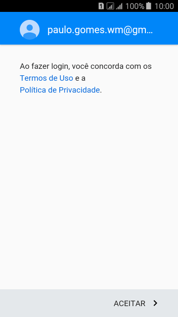 Pressione ACEITAR, e siga as indicações da tela para selecionar as configurações da sua conta Google. Pressione ACEITAR, e siga as indicações da tela para selecionar as configurações da sua conta Google.