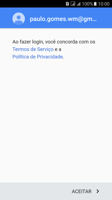 Pressione ACEITAR, e siga as indicações da tela para selecionar as configurações da sua conta Google. Pressione ACEITAR, e siga as indicações da tela para selecionar as configurações da sua conta Google.